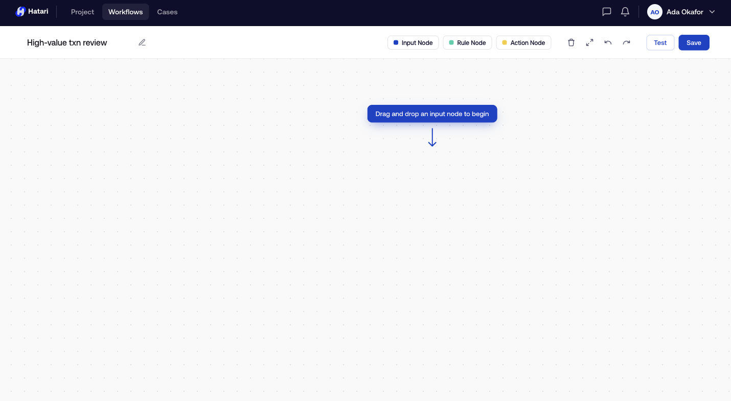 Blank workflow canvas with 'Drag and drop an input node to begin' prompt